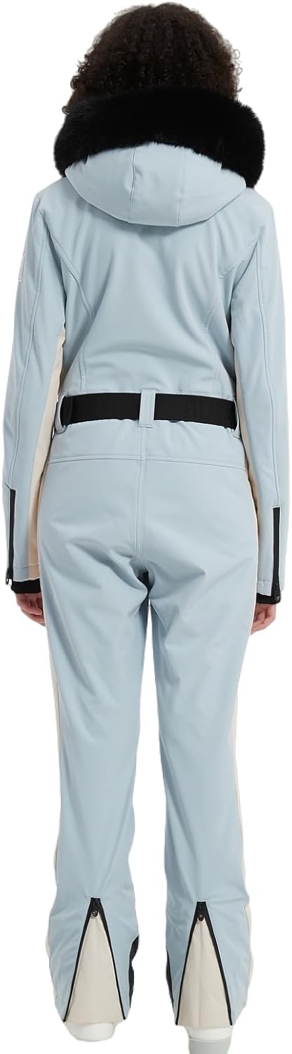 Women's One Piece Snowsuit Ski Suit Slim Fit High Collar Hood Zipper Jumpsuit Snowboard Waterproof Windproof Jacket Light Blue Small