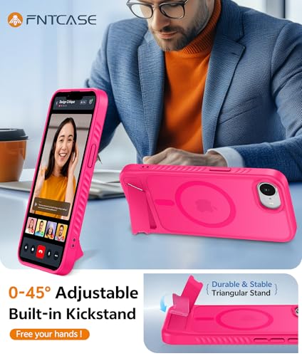Image of FNTCASE for iPhone 17e Case: iPhone 16e Phone Case [Magnetic Stand] [Compatible with Magsafe] Translucent Matte Military Grade Shockproof Drop Protective Phone Cover,Hot Pink