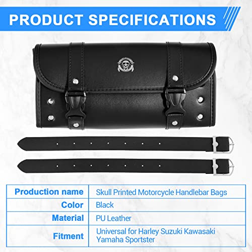 Oxmart Motorcycle Tool Handlebar Bag Fork Bag Skull Printed, Saddlebags Storage Tool Bag, Quick Release Buckle Universal Black Pu Leather Sissy Bar Side Bag Compatible With Suzuki Honda Kawasaki Yamaha Sportster #TOP5