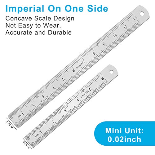 2PCS Metal Ruler, Steel Ruler with Inch and Metric, Stainless Steel Ruler Set ( 6, 12 inch), Easy to Read inch, mm, cm, for School, Office, Home, Architect, Engineers, Craft