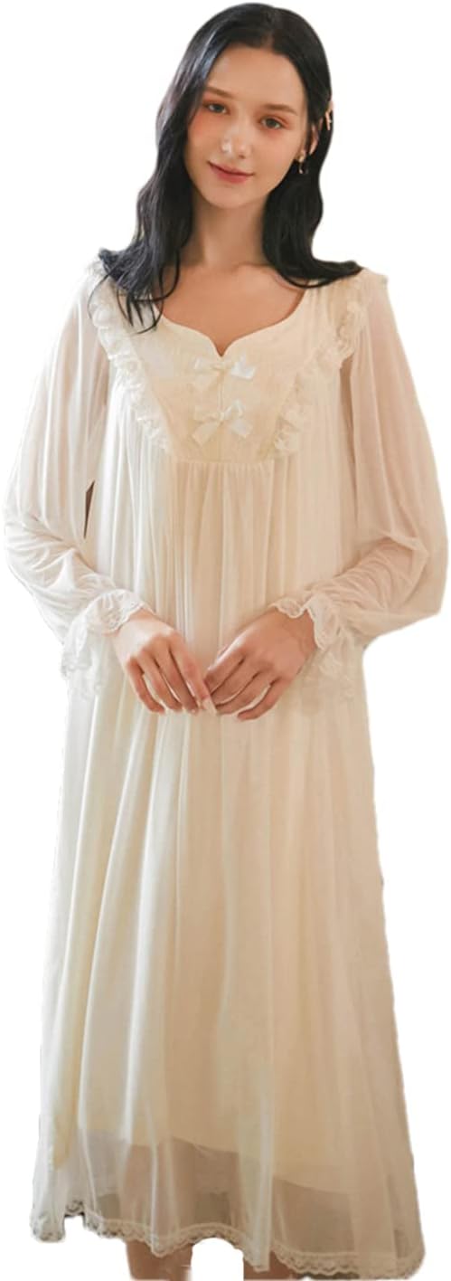 Women Vintage Lace Nightgown Dressing Gown White Mesh Modal Long Robe Nightwear