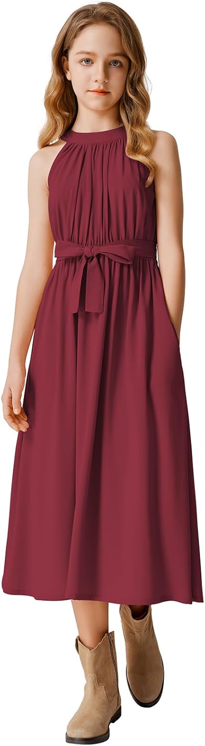 LaBeca Girls Halter Neck Rayon Woven Floral Printed Solid Color High Waist Midi Belted Party Casual Dress with Pocket