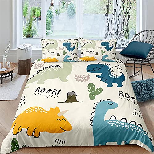 GYDGS Copripiumino una piazza e mezza Bambini dinosauri bianchi Stampato 3D Set Copripiumino 200x200 Set Biancheria da Letto Microfibra con Cerniera + 2 Federa per Cuscino 50x80 cm
