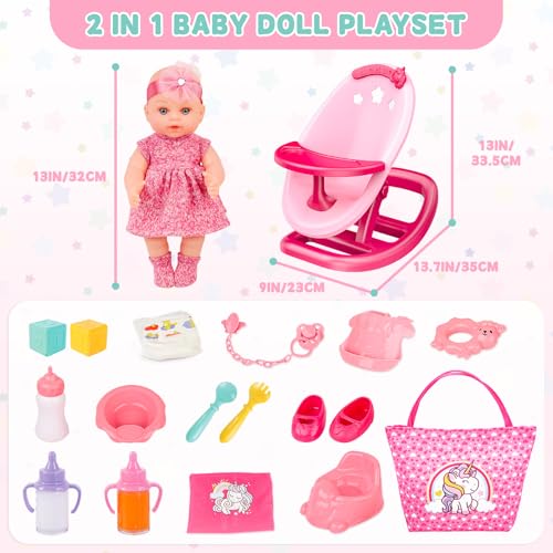 deAO Baby Doll Playset Baby Doll Crib Bed Set Adjustable 2 in 1 Baby High Chair and Rocking Bed, Baby Doll Accessories with 13 Inch Dolls, Feeding Pretend Play Toy Gift for Toddler 3+ Years Old - Thumbnail 6