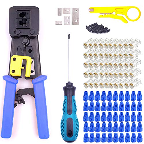 RJ45 Crimp Tool Kit Pass Through Cat5 Cat6 for RJ45/RJ12/RJ11 Regular and End-Pass-Through