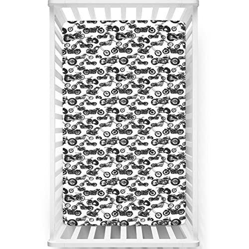 Motorcycle Themed Fitted Crib Sheet,Toddler Bed Mattress Sheets - Great for Boy or Girl Room or Nursery,White Black,28 x 52 Inch