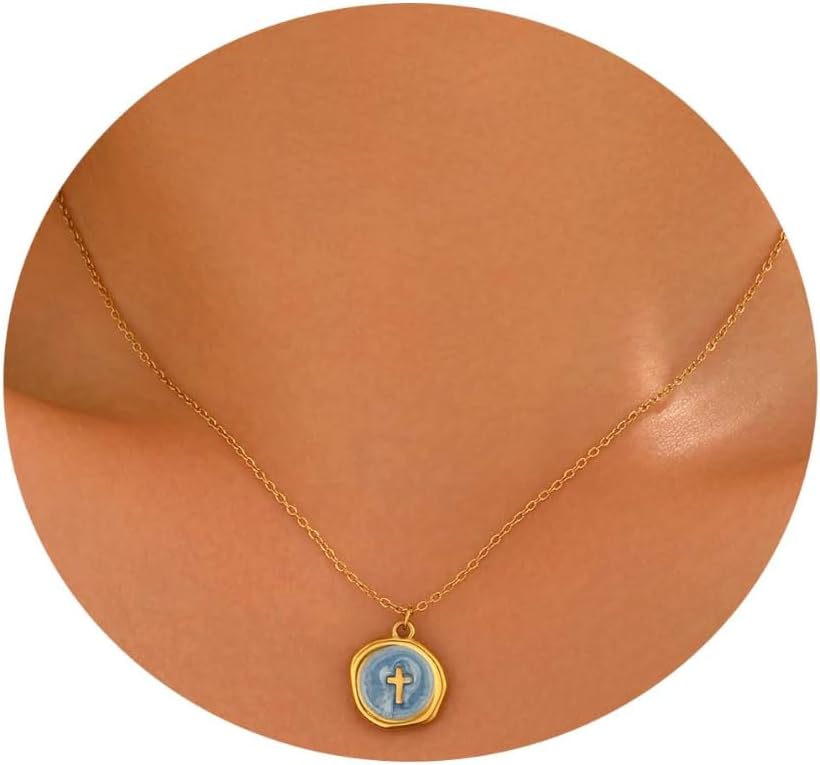 Dainty Irregular Round Enamel Cross Pendant Necklace for Women