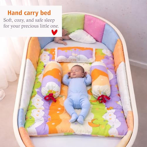 Image of Fareto Combo of Baby Bed with Net | Carry Bag | 4 Pcs Bedding Set (0-6 Months, Baby Size, Cotton) (Orange NEW Star)