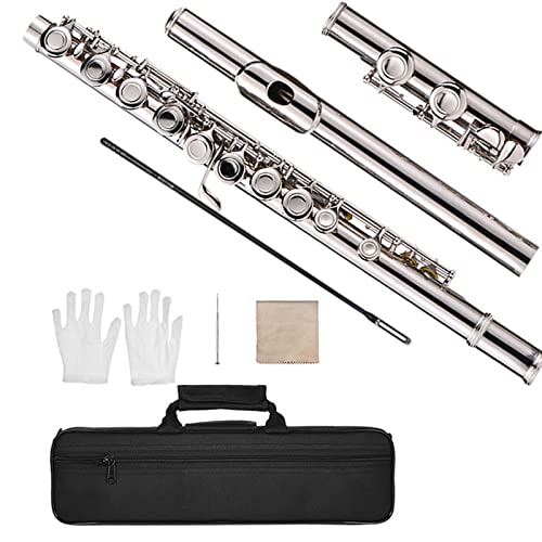 Imeish Closed Hole C Flute,C Key Flute, Nickel Plated 16 Holes C Key Cupronickel Woodwind Instrument With Cleaning Cloth Stick Gloves #TOP6