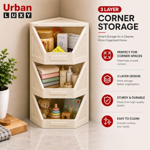 Image of URBAN LUXY Collapsible Wardrobe Rack for Storage /Sturdy Wardrobe /Kitchen Cupboard /Foldable Storage Organizer /Closet for Bedroom /Living Room /Laundry Room (Corner Cupboard, 3PCS)