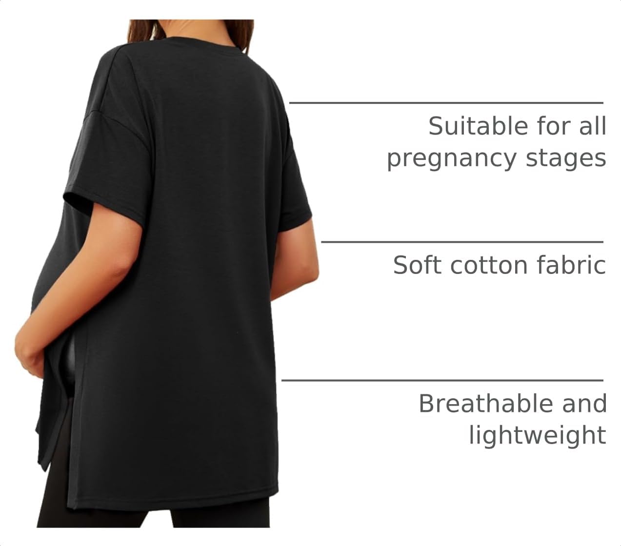 Ecavus Maternity Shirts Side Split Soft Cotton Loose Fit Pregnancy Tops