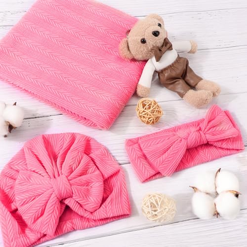 Image of DRESHOW BQUBO Baby Swaddle Blankets for Girls, 4PCS Newborn Accessories Set with Matching Hat and Bow Headband with Hello World Wooden Birth Announcement Card