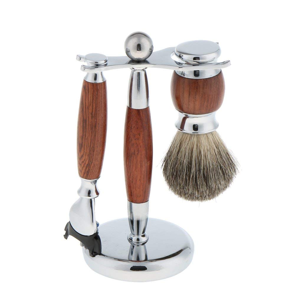 Ensemble de Rasage Rasoir de Sécurité + Blaireau à Barbe + Support de Outil de Rasage en Acier Inoxydable et Bois