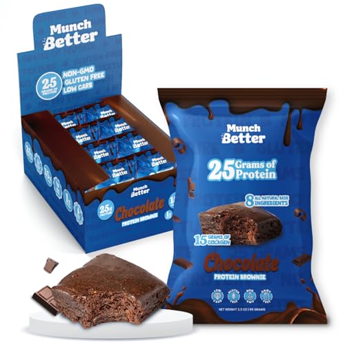 Munch Better Chocolate Protein Brownies – High Protein (25g), Dairy-Free, Gluten-Free Brownie Bites – 15g Collagen, Low Sugar, Clean Ingredients – (8 per box)