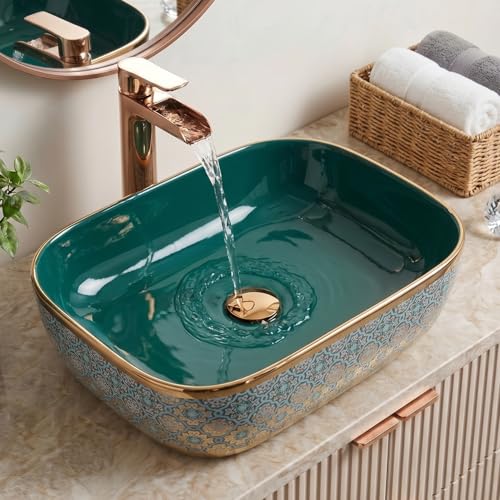 Image of BASSINO 18x13x5.5 Inches Table Top Washbasin /1 Year Warranty /Ceramic Wash Basin for Bathroom /Rectangle Counter Top Wash Basin for Dining Hall /Living Room /Tabletop Sink(Glossy Green & Gold)
