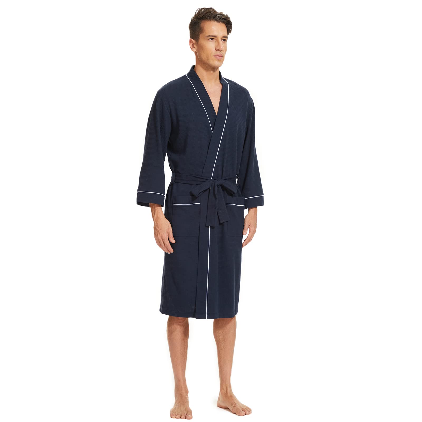 Mnemo Leichter Bademantel Herren Baumwolle Kimono Waffle Morgenmantel