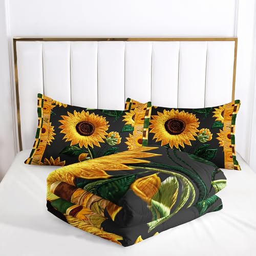 Image of AILONEN Sunflower Bedding Set Full Size- Yellow Green Flower Boho Exotic Comforter Set,3-Piece Kids Girls Women Soft Floral Quilt with 2 Pillowcases