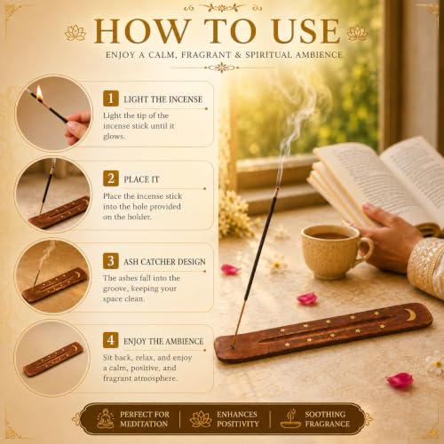 Image of Pure Source India Wooden 10 inch Incense Stick Holder with Brass Moon & Star Inlay Design - Handmade Agarbatti Stand for Home, Puja, and Meditation