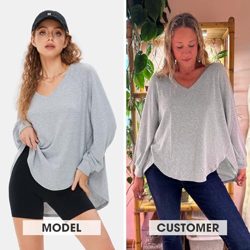 Image of EXLURA Womens Fall Oversized V Neck Tunic Tops 2025 Casual Long Sleeve Shirts Lightweight Soft Sweater Curved Hem T Shirts