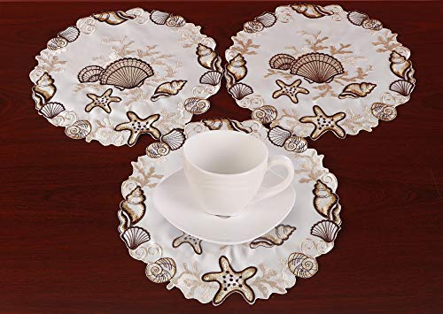 GRANDDECO Summer placemats Set of 4 Washable Seashell Placemat 14" Set of 4 Embroidered Cutwork Beach Coastal Table Topper for Home Kitchen Dining Summer Holiday Tabletop Decoration Brown - Image 3
