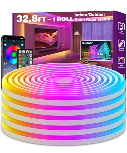 Image of SINLEY Led Neon Rope Lights,Control with App /Remote,Flexible Led Rope Lights,Multiple Modes,IP68 Outdoor RGB Neon Lights Waterproof,Music (32.8FT)