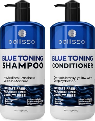 Blue Shampoo and Conditioner Set - Sulfate Free and Paraben Free - Neutralizing Toner to Correct Orange, Brassy Hair Back to Brunette - Professional Formula - For Women and Men - 16 Fl Oz (Set of 2)