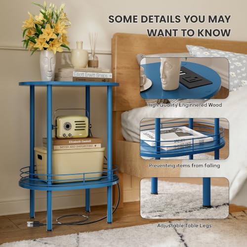 Image of Small Oval Side Table with Charging Station, 2-Tier Blue Round End Table