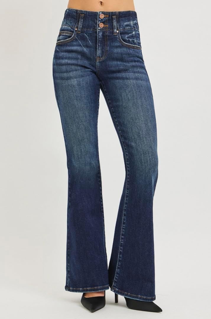 Risen High Rise 32.5" Inseam Flare Jeans with Seam Detailed Waistband- Ivory Gem