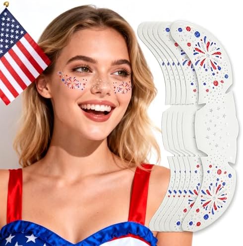 Go Ho Red White and Blue Glitter Freckles Face Tattoo 6PCS,4th of July Freckles Sparkle,4th of July Accessories for Women Kids,Patriotic Fireworks-shaped Glitter Stickers for Independence Day