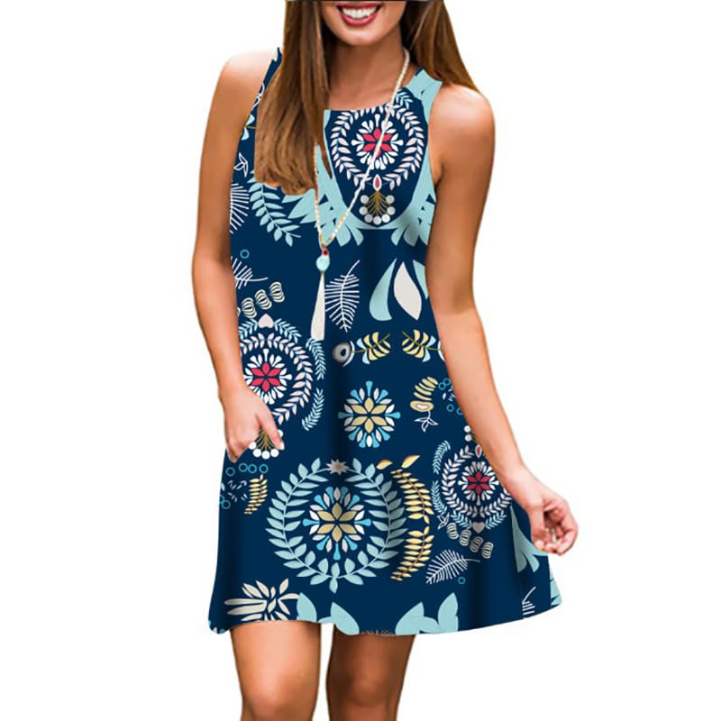 Vestido feminino floral sem mangas, rodado, com bolsos, casual, verão, evasê