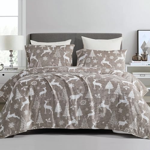 Elegant Comfort Luxuriously Soft 4-Piece Holiday Velvet Plush Flannel Sheet Set - Premium Quality - Cozy Warm, Christmas Fuzzy Velvet Flannel Fleece Deep Pocket Sheet Set - Twin, Silver Reindeer