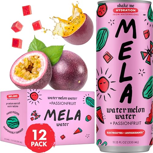 Image of Mela Watermelon Water - Watermelon Juice, 100 Percent Natural Fruit Juice with Vitamin C, Electrolytes, Antioxidants - Coconut Water Alternative, Gluten-Free (Passionfruit, 11.15 fl oz, 12-pack)
