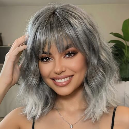 Nnzes Ombre Wigs for Women 16 Inch Synthetic Short Wavy Wig with Bangs