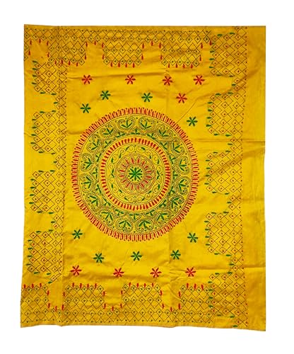 Image of SHRISTI CLOTHINGS Women's Hand Embroidered Cotton Silk Kantha Stitch Saree with Blouse Piece (SB4200924 AMBER)
