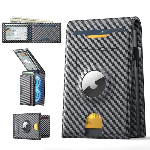 MICHIC AirTag Wallet for Men-Gifts for Dad, With Magnetically Pop Up Card Holder, Leather Credit Case, Credit Money Clip RFID Blocking Bifold Minimalist Wallet (No Airtag Included)(Black)