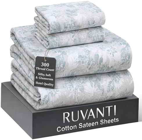 RUVANTI 100% Cotton Sheets Queen Size Bed Set - 300 Thread Count Silky Soft Sateen Weave, Cooling, Lightweight & Breathable, 16" Deep Pocket, Durable & Luxury Satin-Like, 4 Piece, Floral Imprint - Thumbnail 3