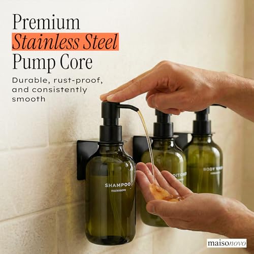 Image of Shampoo and Conditioner Dispenser Wall Mounted Set of 3 Green - No Drill Shower Soap Dispenser for Bathroom Refillable - Spa Hotel Style Accessories by MaisoNovo