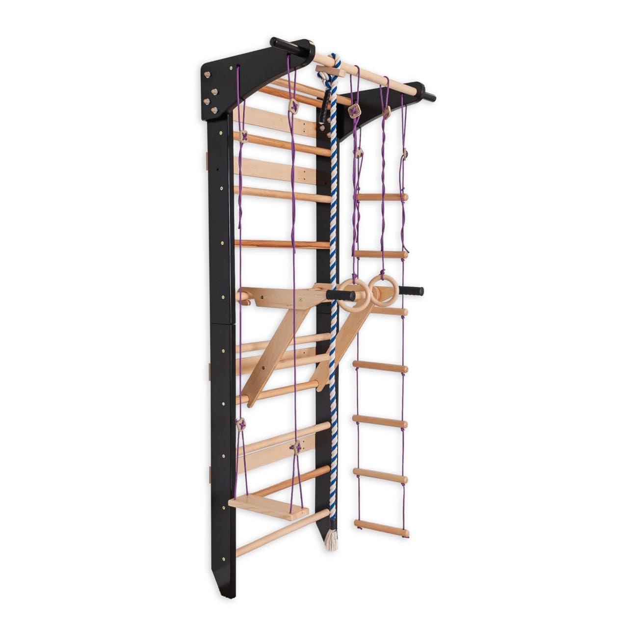 Scala svedese nera con barre parallele per bambini e adulti - Parete da arrampicata in legno, attrezzatura fitness multifunzione con tetto, anelli, scala, altalena e prese per dip strette