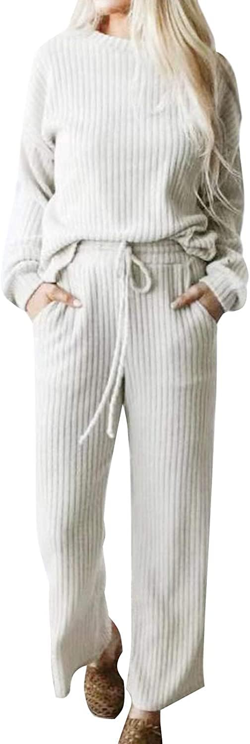 ORANDESIGN 2-Piece Women’s Knitted Leisure Suit: Long Sleeve Hooded Sweater & Jogging Pants Set – White, Medium
