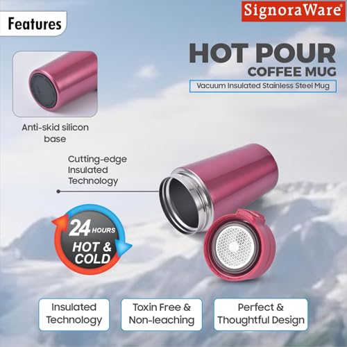 Image of Signora Ware Stainless Steel Hot Pour Coffeemate Insulated Mug, Vacuum Insulated Tea Coffee Mug, Travel Coffee Mug with Lid, 8 Hours Hot and 14 Hours Cold, 300 Ml,Set of 1, White