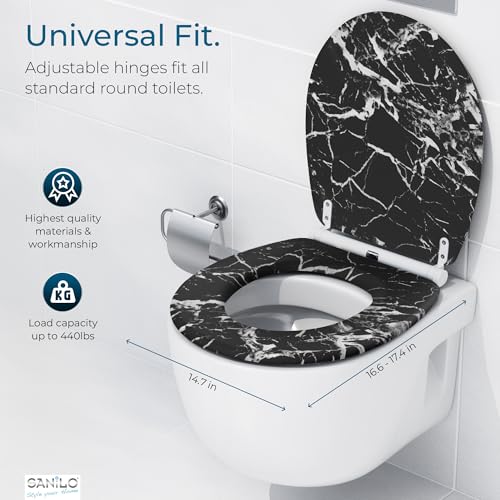Image of Sanilo Wooden Toilet Seat with Quick Release & Soft Close [ROUND] - Decorative & Slow Close Molded Wood Seat - With One Click for Easy Installation & Cleaning - With Adjustable Fit (Marble Black)