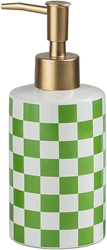 Miniatura 7 de Dispensador de jabón de cerámica a cuadros con bomba mate dorada a prueba de óxido, dispensador de jabón decorativo para baño o cocina (negro y