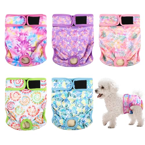 Image of Dog Diapers Female 5pcs,Reusable Dog Doggie Puppy Doggy Diapers Female, Period Panties in Heat, Tiedye, Small