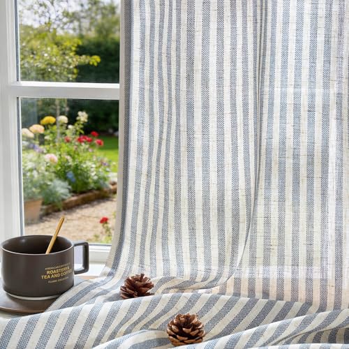 Image of jinchan Linen Curtains 96 inch Blue Stripe on Beige Grommet 2 Panels
