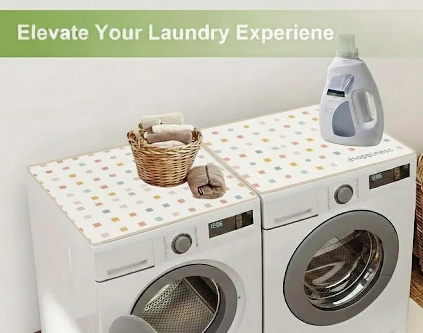 Image of Homecloud Non-Slip Washing Machine Mat - Durable Waterproof Protective Cover for Washer & Dryer, Dust-Resistant Mat Ideal for Laundry Room & Kitchen Appliances | 60x60cm (Happiness Cream)