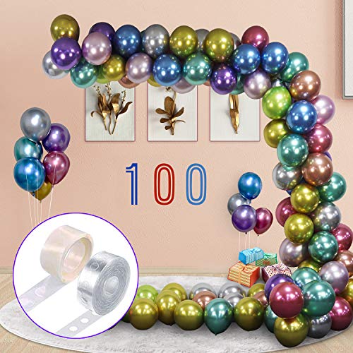 100pcs Metallic Balloons Arch KIT for Party，12inch Premium Thick Chrome Latex Metal Multicolor Balloon with Arch Accessories，for almost Party Decorations Birthday Wedding Carnival (9 Colors)