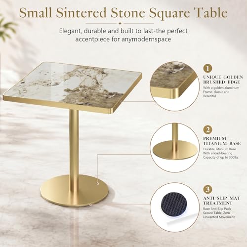 Image of 63 inch Square Dining Table, Tulip Table with 1.2 inch Thick Sintered Stone Tabletop and Golden Metal Pedestal Base, Small Square Dining Tables for Diner,Bar,Restaurant,kitchen,Bakery,Apartment (Marble Gray)