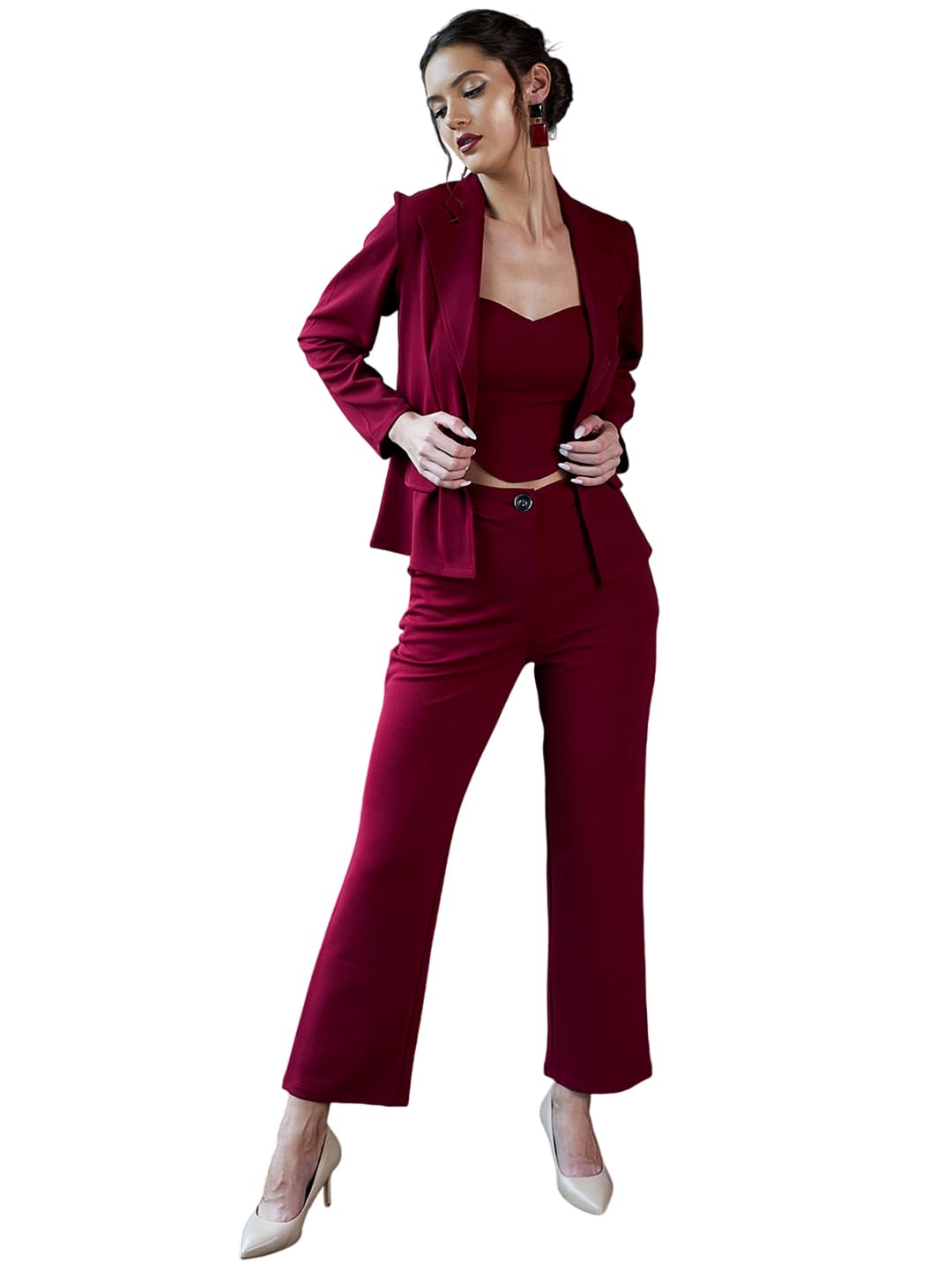 poshbery Maroon Three Piece Blazer Co-Ord Set-picture-25
