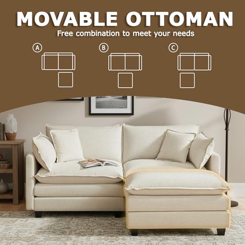Image of 78 inch Modular Sectional Sofa, L Shaped Cloud Couch with Ottoman | Comfy Chenille Deep Seat Sofa with Throw Pillows, 3 Seat Modern Couches for Living Room Bedroom Apartment, Beige, 78 inch L