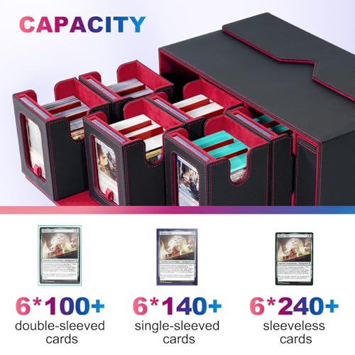 Image of UAONO MTG Commander Deck Box, 6-Deck Modular TCG Deck Case with Dice Tray | Hold 600+ Double-sleeved Cards, Modular Card Deck Box with 35PT Magnetic Card Holder for Magic the Gathering Black Red